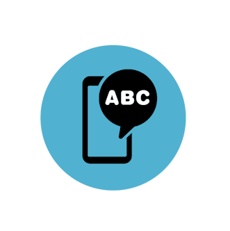 Illustrerad blå symbol för texttelefoni med pratbubbla med bokstäverna ABC framför en mobiltelefon