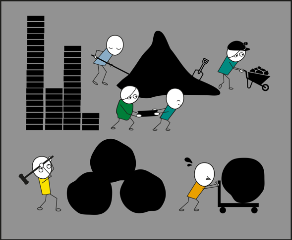 Illustration med figurer som samarbetar på en byggarbetsplats