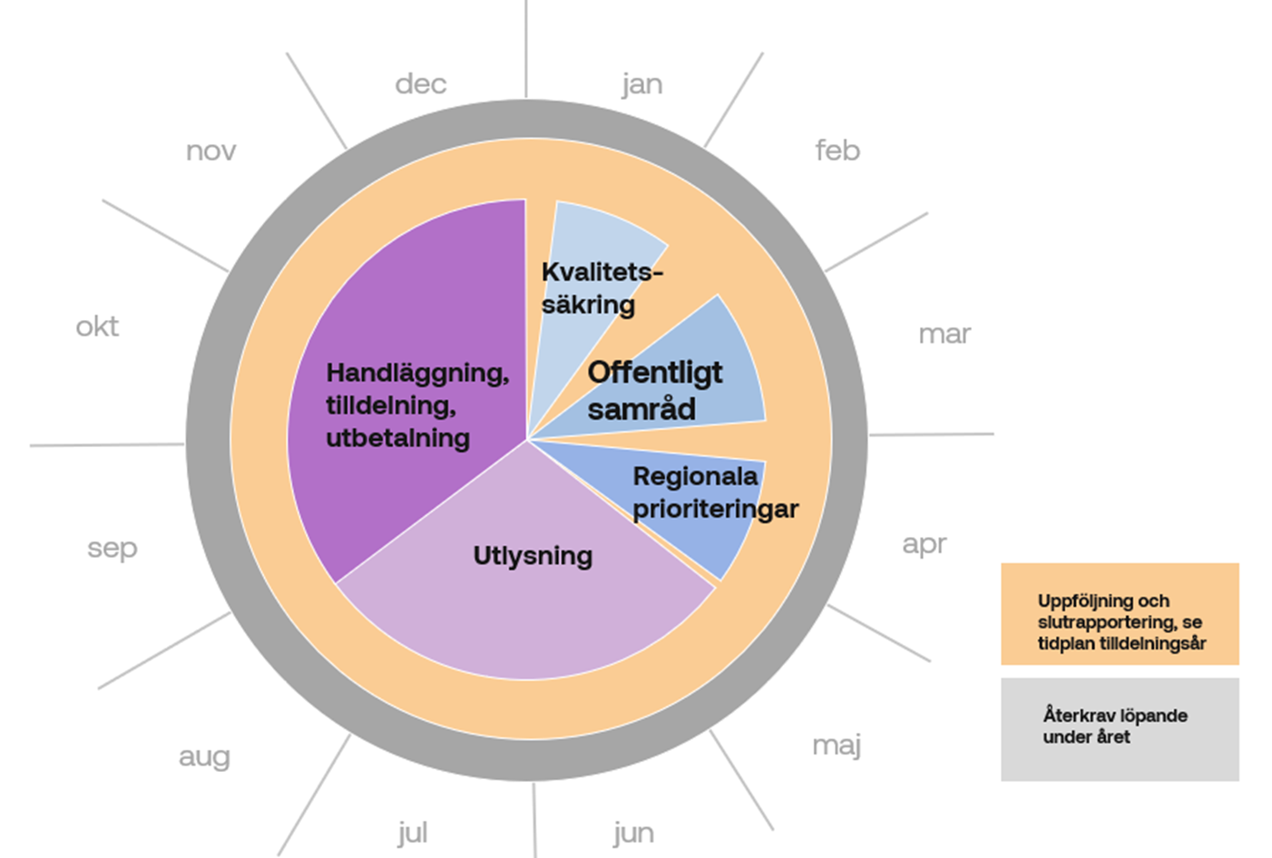 Bild av ett diagram som visar processen för fördelning av bredbandsstöd för 2025 med olika aktiviteter under året.