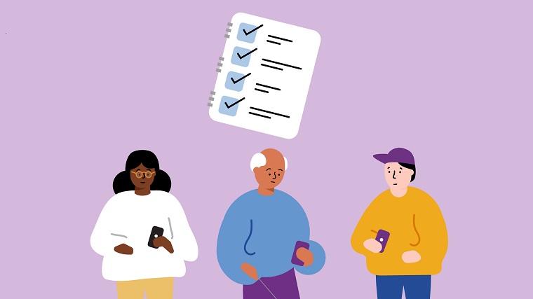 Illustration med tre personer som håller i var sin mobiltelefon. Ovanför dem syns en anteckningsbok med en lista med ibockade kryssrutor.