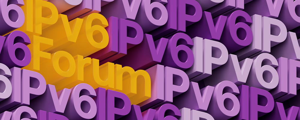 Bild med namnet IPv6Forum i gult omgiven av termen IPv6 i lila färg.