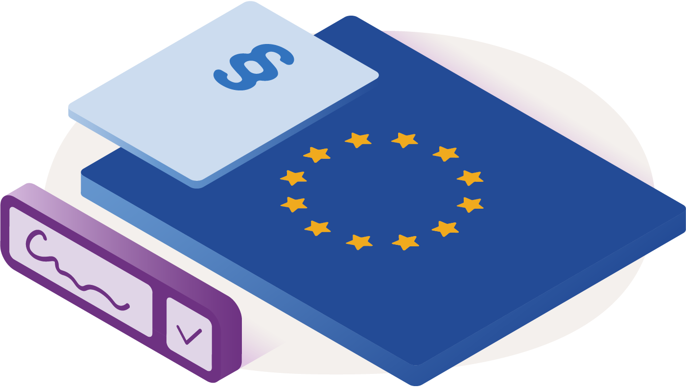 Illustration som visar en namnteckning, en symbol för paragraf samt EU-flagga.